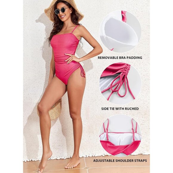 🆕Women’s Hot Pink Ribbed Polyester One Piece Tummy Control High Cut Cheeky - Picture 5 of 9